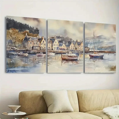 3pcs Campbeltown Lochside Town, Houses & Boats Wall Art Set Canvas Framed 40x60cm - High Quality Print 100% Australian Made Wall Canvas Ready to Hang - Bella Home Decor