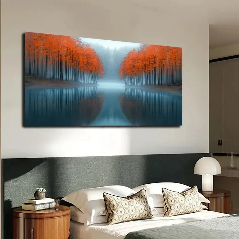 Calm Lake Reflecting Maple Wall Art canvas office home room framed 120x60cm