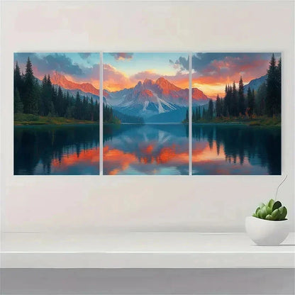 3pcs Sunset Mountain Landscape Lake Mountain Wall Art Set Canvas Framed 50x70cm - High Quality Print 100% Australian Made Wall Canvas Ready to Hang