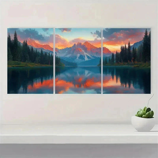 3pcs Sunset Mountain Landscape Lake Mountain Wall Art Set Canvas Framed 50x70cm - High Quality Print 100% Australian Made Wall Canvas Ready to Hang