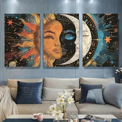 3pcs Sun and Moon Motifs Space Abstract Perfect Wall Art Set Canvas Framed 50x70cm - High Quality Print 100% Australian Made Wall Canvas Ready to Hang - Bella Home Decor
