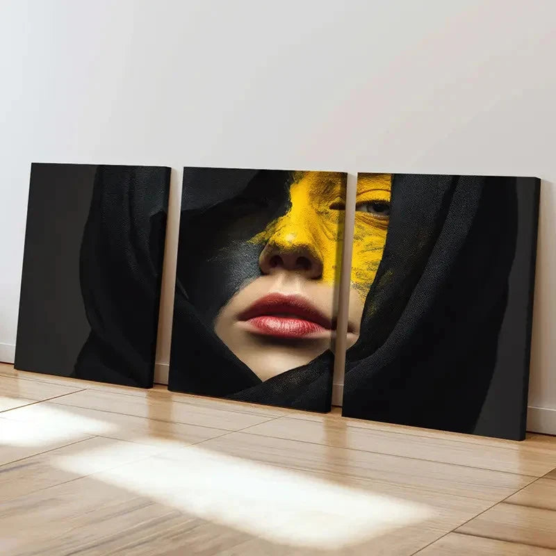 3pcs Modern Decor Yellow Black Face Red Lips  Wall Art Set Canvas Framed 50x70cm - High Quality Print 100% Australian Made Wall Canvas Ready to Hang