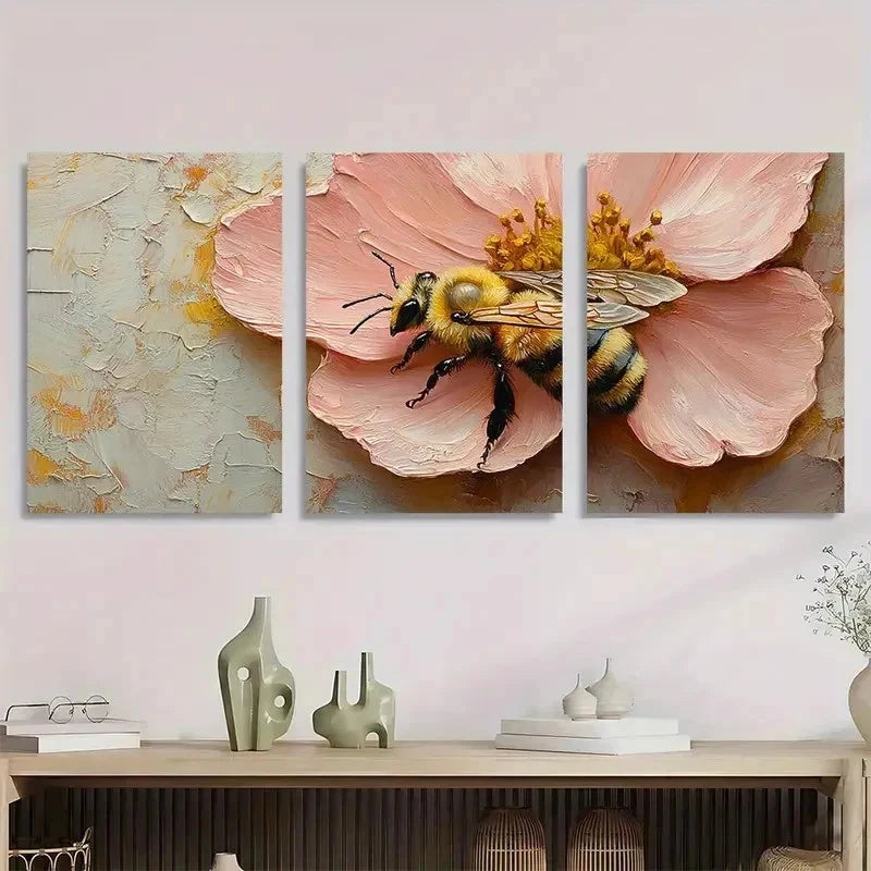 3pcs Honey Bee Yellow Sweet Bumblebee Perfect Wall Art Set Canvas Framed 60x90cm - High Quality Print 100% Australian Made Wall Canvas Ready to Hang - Bella Home Decor