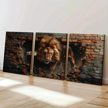 3pcs Majestic Lion Destroying Bricks Wall Art Set Canvas Framed 40x60cm - High Quality Print 100% Australian Made Wall Canvas Ready to Hang - Bella Home Decor