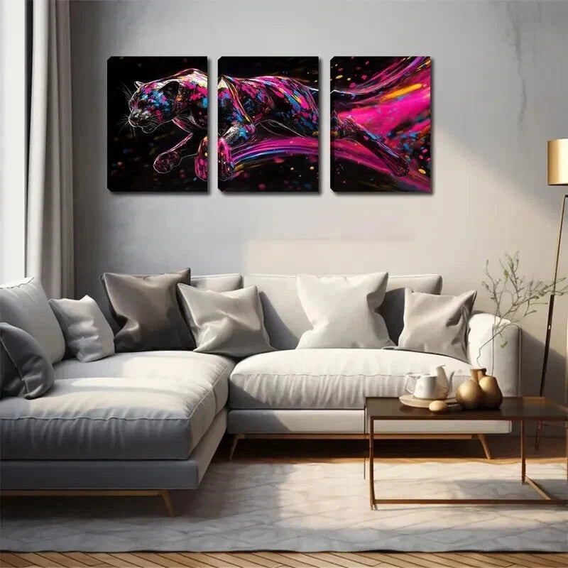 3pcs Vibrant Black Panther Design Perfect Wall Art Set Canvas Framed 60x90cm - High Quality Print 100% Australian Made Wall Canvas Ready to Hang - Bella Home Decor