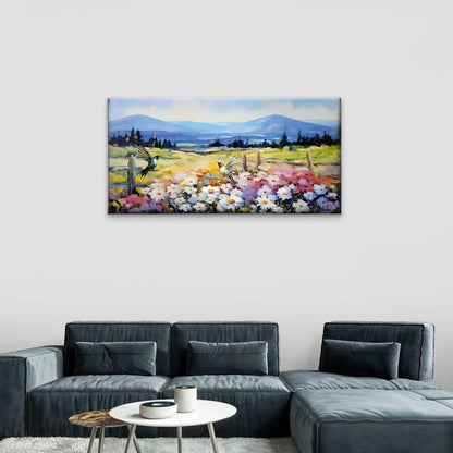Field Flower Watercolour Sky Wall Art Canvas Office Home Room Framed 120x60cm