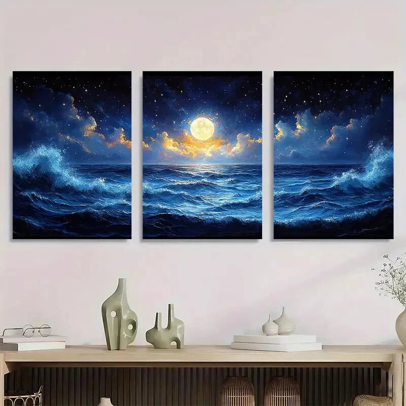 3pcs Deep Blue Sea Waves with Full Moon & Stars Metal Print Ready to Hang Art - Bella Home Decor