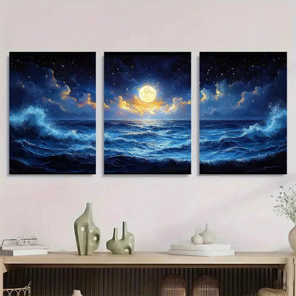 3pcs Deep Blue Sea Waves with Full Moon & Stars Metal Print Ready to Hang Art - Bella Home Decor