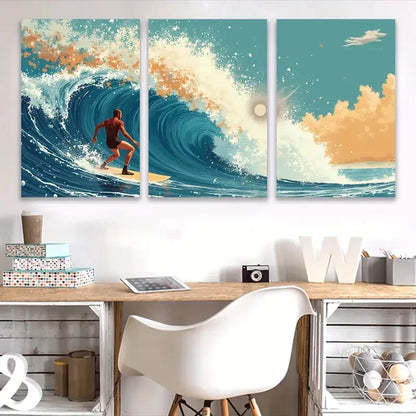 3pcs Surfers Riding Waves Coastal Art Wall Art Set Canvas Framed 40x60cm - High Quality Print 100% Australian Made Wall Canvas Ready to Hang