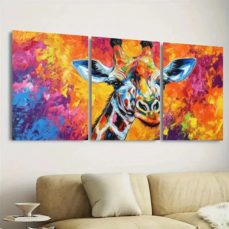 3pcs Colorful Giraffe Abstract Animal Landscape Wall Art Set Canvas Framed 50x70cm - High Quality Print 100% Australian Made Wall Canvas Ready to Hang - Bella Home Decor