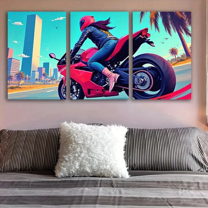 3pcs Motorcycle Cityscape Wall Art Set Canvas Framed 50x70cm - High Quality Print 100% Australian Made Wall Canvas Ready to Hang