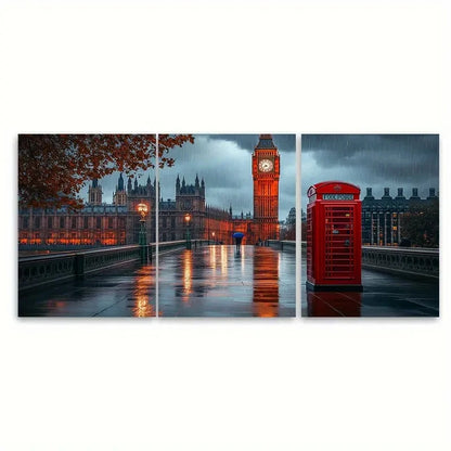 3pcs Rainy Big Ben and Red Phone Box UI  Wall Art Set Canvas Framed 40x60cm - High Quality Print 100% Australian Made Wall Canvas Ready to Hang - Bella Home Decor