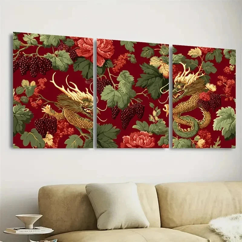 3pcs Chinese Dragons Pattern Farmhouse Art Wall Art Set Canvas Framed 40x60cm - High Quality Print 100% Australian Made Wall Canvas Ready to Hang - Bella Home Decor