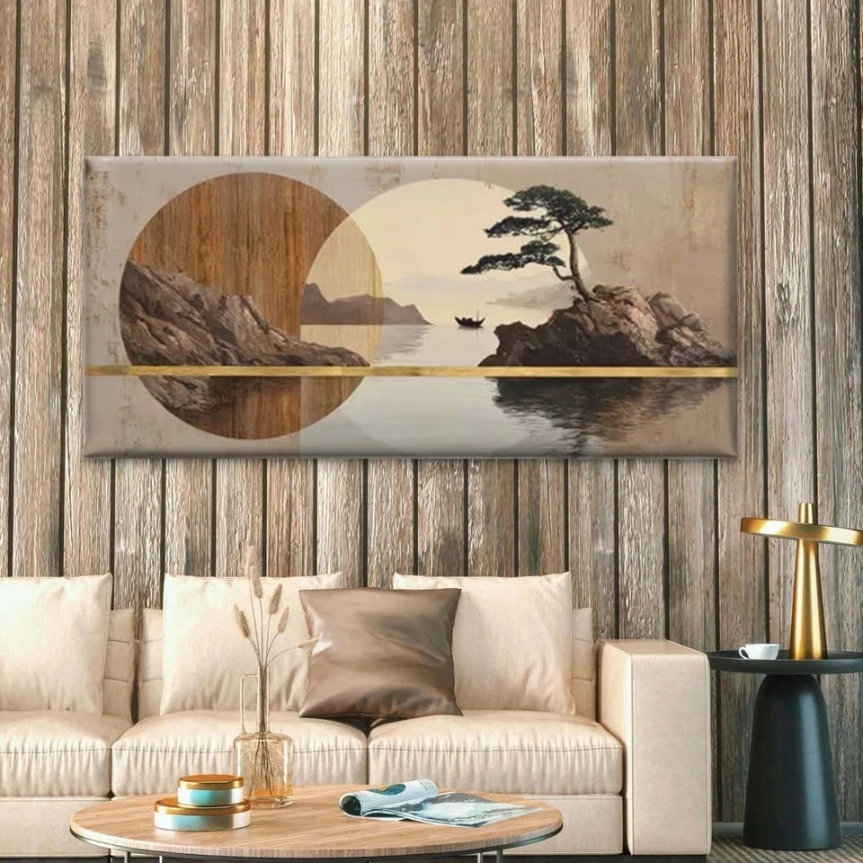 Golden, Tones - Modern Coastal Wall Art Canvas Office Home Room Framed 120x60cm