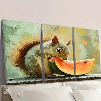 3pcs Cute Squirrel Eating Watermelon Wall Art Set Canvas Framed 60x90cm - High Quality Print 100% Australian Made Wall Canvas Ready to Hang - Bella Home Decor