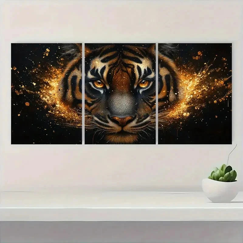 3pcs Black & Golden Celestial Tiger ml   Wall Art Set Canvas Framed 50x70cm - High Quality Print 100% Australian Made Wall Canvas Ready to Hang - Bella Home Decor