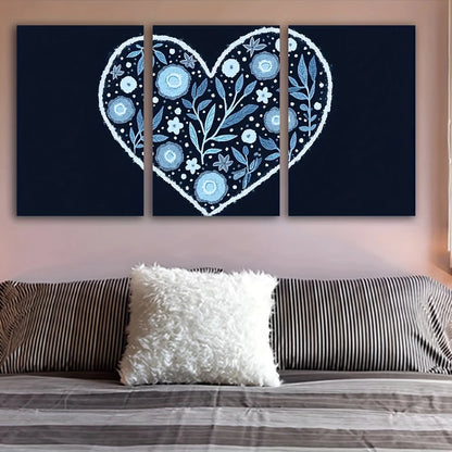 3pcs Blue Heart with Blue Flowers Wall Art Set Canvas Framed 50x70cm - High Quality Print 100% Australian Made Wall Canvas Ready to Hang - Bella Home Decor