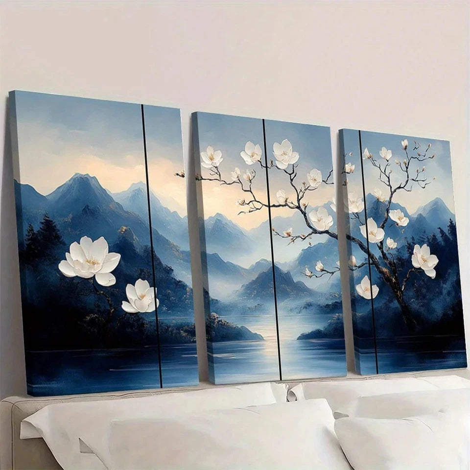 Five-panel wall art of a mountain landscape with white flowers.