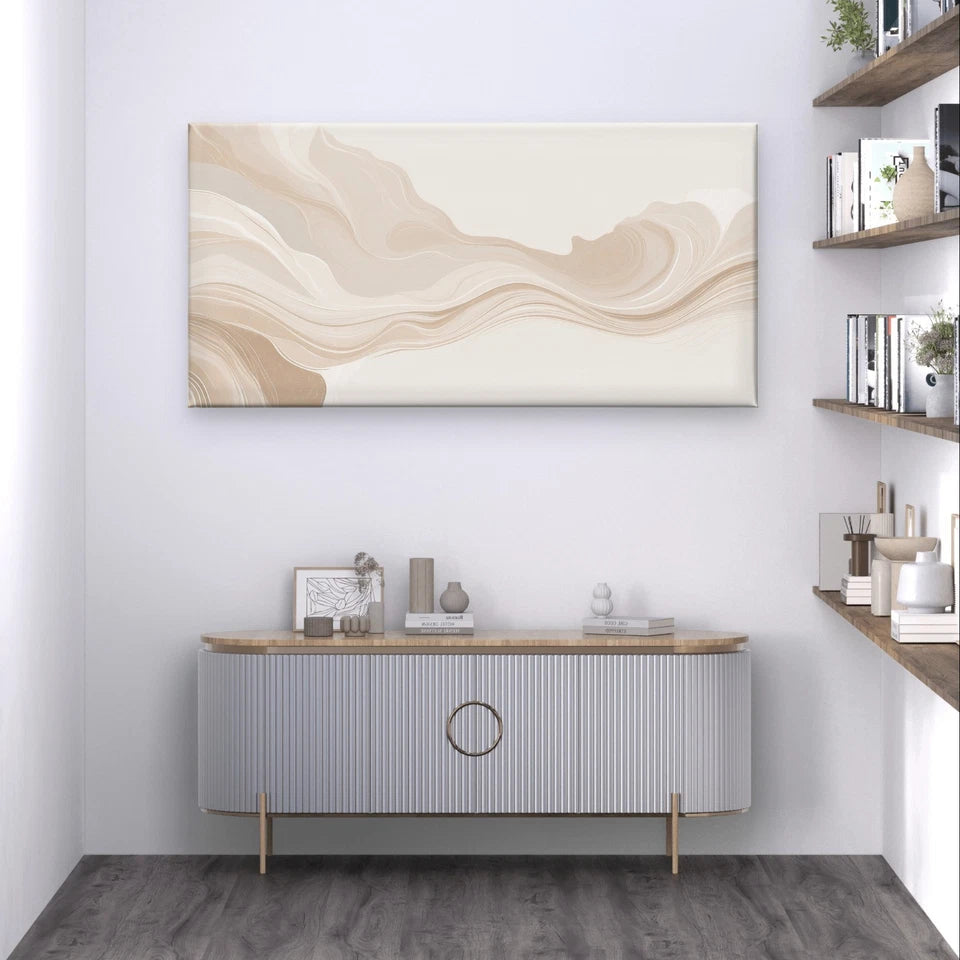 Neutral Beige Abstract Fluid Wave Wall Art Canvas Office Home Framed 120x60cm
