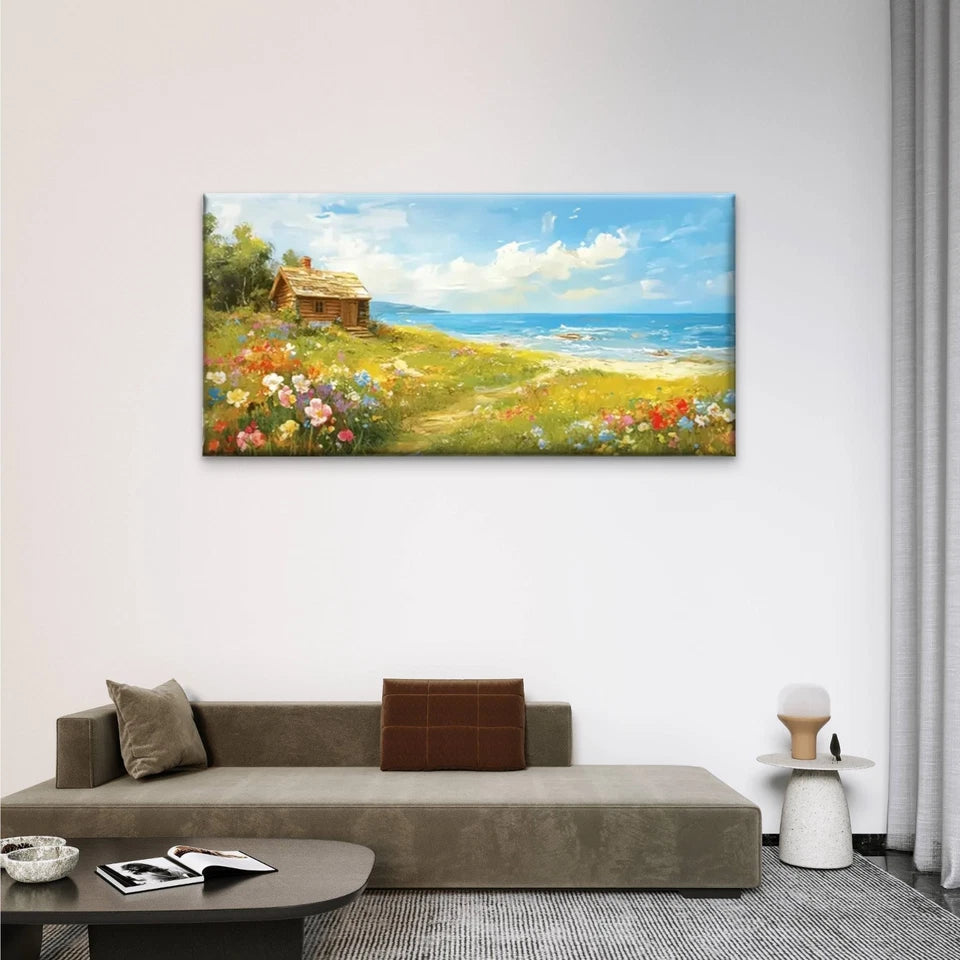 Beach House Flowers Field Wall Art Canvas Office Home Room Framed 120x60cm