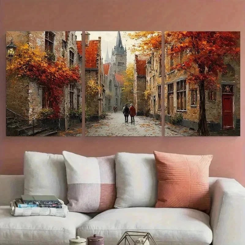 3pcs Autumnal Brugge Streets Couple Perfect Wall Art Set Canvas Framed 60x90cm - High Quality Print 100% Australian Made Wall Canvas Ready to Hang - Bella Home Decor