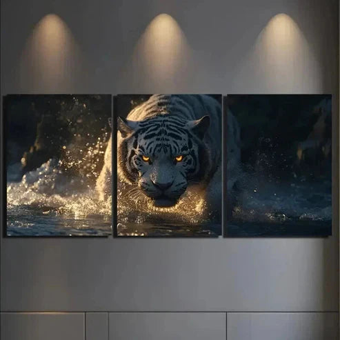 3pcs White Tiger With Glowing Eyes Wall Art Canvas Unframed – High Quality Print 100% Australian Made Wall Canvas
