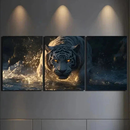 3pcs White Tiger With Glowing Eyes Wall Art Canvas Unframed – High Quality Print 100% Australian Made Wall Canvas