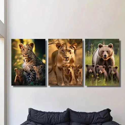 3pcs Leopard Lioness & Cubs Grizzly Bear Family Wall Art Canvas Unframed – High Quality Print 100% Australian Made Wall Canvas