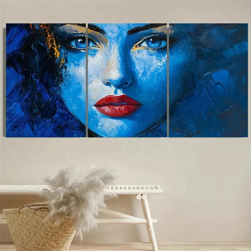 3pcs Blue Face Abstract Lady Woman Face Wall Art Set Canvas Framed 60x90cm - High Quality Print 100% Australian Made Wall Canvas Ready to Hang - Bella Home Decor