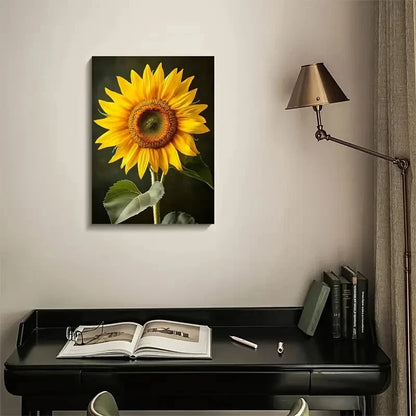 Vibrant Yellow Petals & Green Leaves, Painting 40x60cm Metal Print Ready to Hang - Bella Home Decor