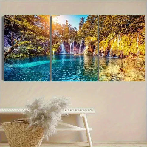 3pcs Sunlit Forest Waterfall Wall Art Set Canvas Unframed - High Quality Print 100% Australian Made Wall Canvas - Bella Home Decor