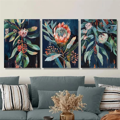 3pcs Blue Leaf Flower Painting Style Metal Print Ready to Hang Art