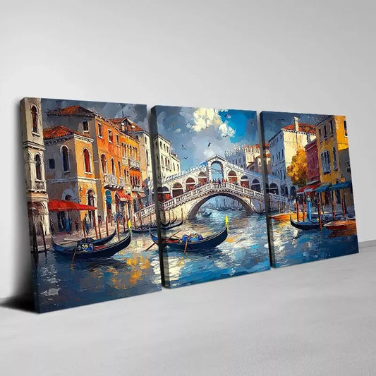 3pcs Prosperous Water City with Building View Art Set Canvas Framed 50x70cm - High Quality Print 100% Australian Made Wall Canvas Ready to Hang