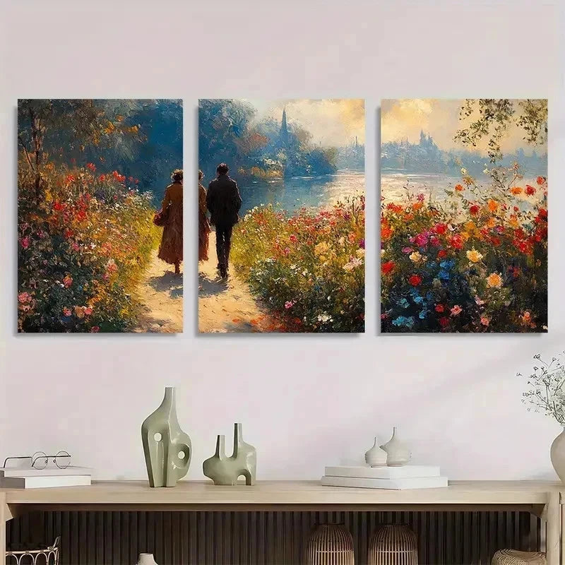 3pcs Giverny Morning Stroll Garden Perfect Wall Art Set Canvas Framed 40x60cm - High Quality Print 100% Australian Made Wall Canvas Ready to Hang - Bella Home Decor