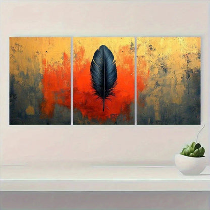 3pcs Red & Orange Feather Design Boho Metal Print Ready to Hang Art - Bella Home Decor