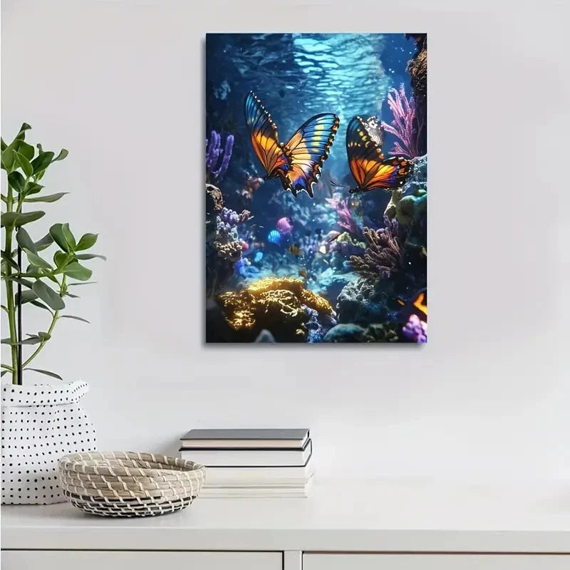 Steampunk Underwater Butterfly Scene with Neon Glow 40x60cm Metal Print Ready to Hang - Bella Home Decor