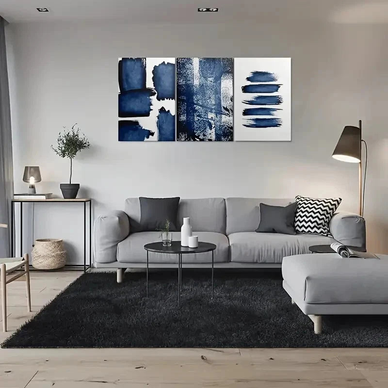 3pcs Abstract Blue Brushstroke Metal Print Ready to Hang Art - Bella Home Decor