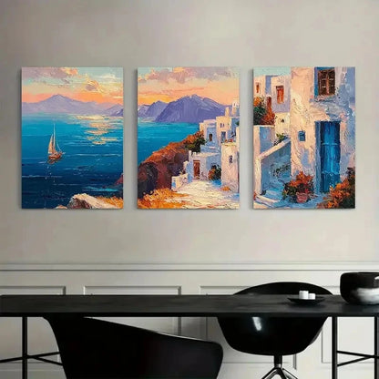 3pcs Oil Painting Vibrant Coastal Scene Metal Print Ready to Hang Art - Bella Home Decor