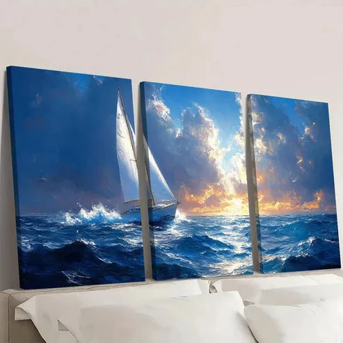 3pcs Blue Ocean Scene with Sunset and Clouds E Wall Art Set Canvas Unframed - High Quality Print 100% Australian Made Wall Canvas - Bella Home Decor