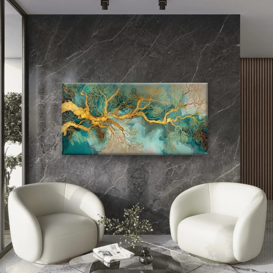 Golden Roots, An Abstract Wall Art Canvas Office Home Room Framed 120x60cm