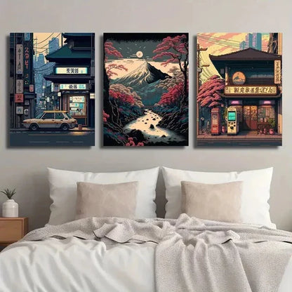 3pcs Japanese Night Shop & Retro Cherry Blossom Wall Art Set Canvas Unframed - High Quality Print 100% Australian Made Wall Canvas