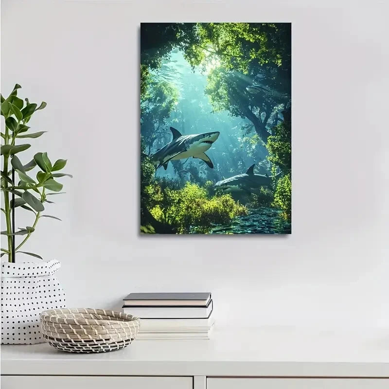 Playful Sharks in Lush Meadow Painting  40x60cm Metal Print Ready to Hang - Bella Home Decor