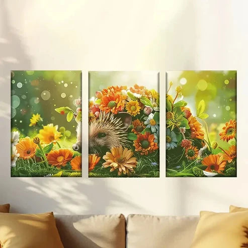 3pcs Cute Floral Hedgehog Wall Art Set Canvas Unframed – High Quality Print 100% Australian Made Wall Canvas - Bella Home Decor