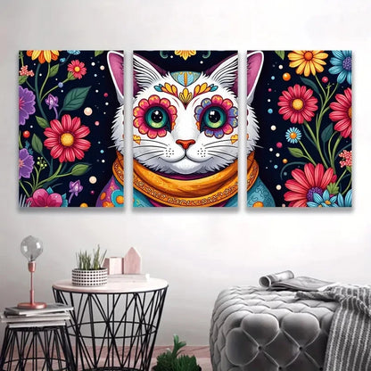 3pcs Colorful Vibrant Cat & Floral Wall Art Set Canvas Framed 60x90cm - High Quality Print 100% Australian Made Wall Canvas Ready to Hang - Bella Home Decor