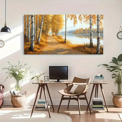 Autumn Lake & Birch Trees wall canvas office home room framed 120x60cm - Bella Home Decor