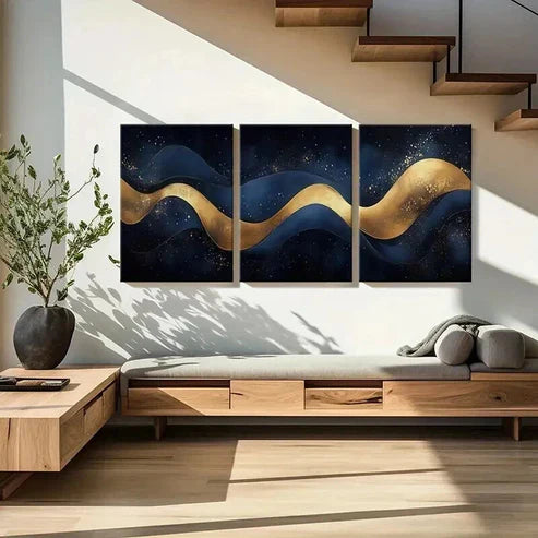 3pcs Golden Waves Dark Sky Sparkling Stars Perfect Wall Art Set Canvas Unframed - High Quality Print 100% Australian Made Wall Canvas - Bella Home Decor