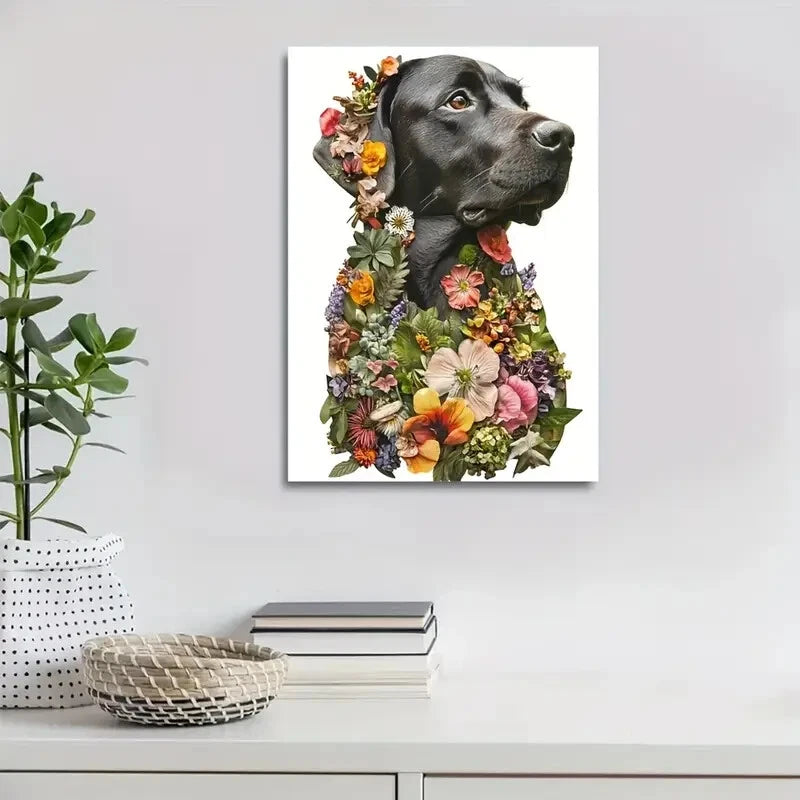 Cute Labrador Retriever Dog with Floral Painting 40x60cm Metal Print Ready to Hang - Bella Home Decor
