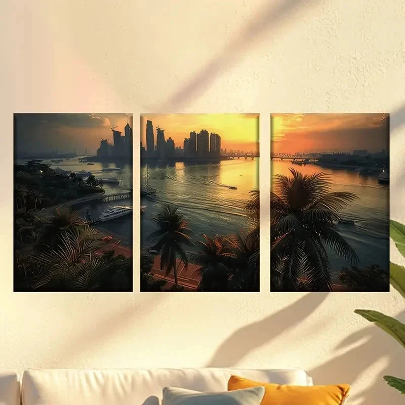 3pcs Colorful Abstract Sunset City Wall Art Set Canvas Framed 60x90cm - High Quality Print 100% Australian Made Wall Canvas Ready to Hang - Bella Home Decor