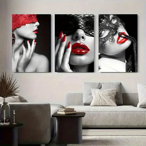 3pcs Red Lips with Lace Mask Abstract  Wall Art Set Canvas Unframed - High Quality Print 100% Australian Made Wall Canvas