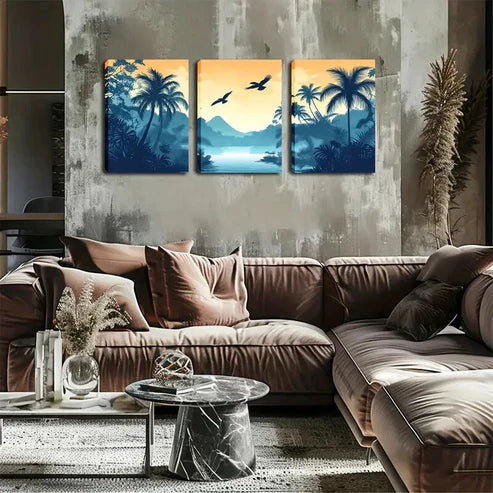3pcs Coconut Trees Water Orange Sky Perfect Wall Art Canvas Unframed - High Quality Print 100% Australian Made Wall Canvas - Bella Home Decor